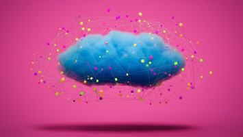 Illustration einer blauen Wolke umgeben von einem Netzwerk auf pinkem Hintergrund