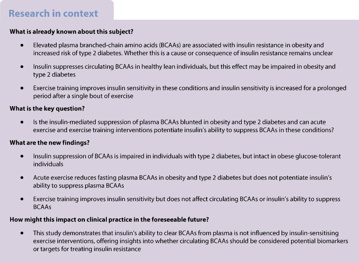 Effect of acute exercise and exercise training on the ability of insulin to  clear branched-chain amino acids from plasma in obesity and type 2 diabetes  | Diabetologia