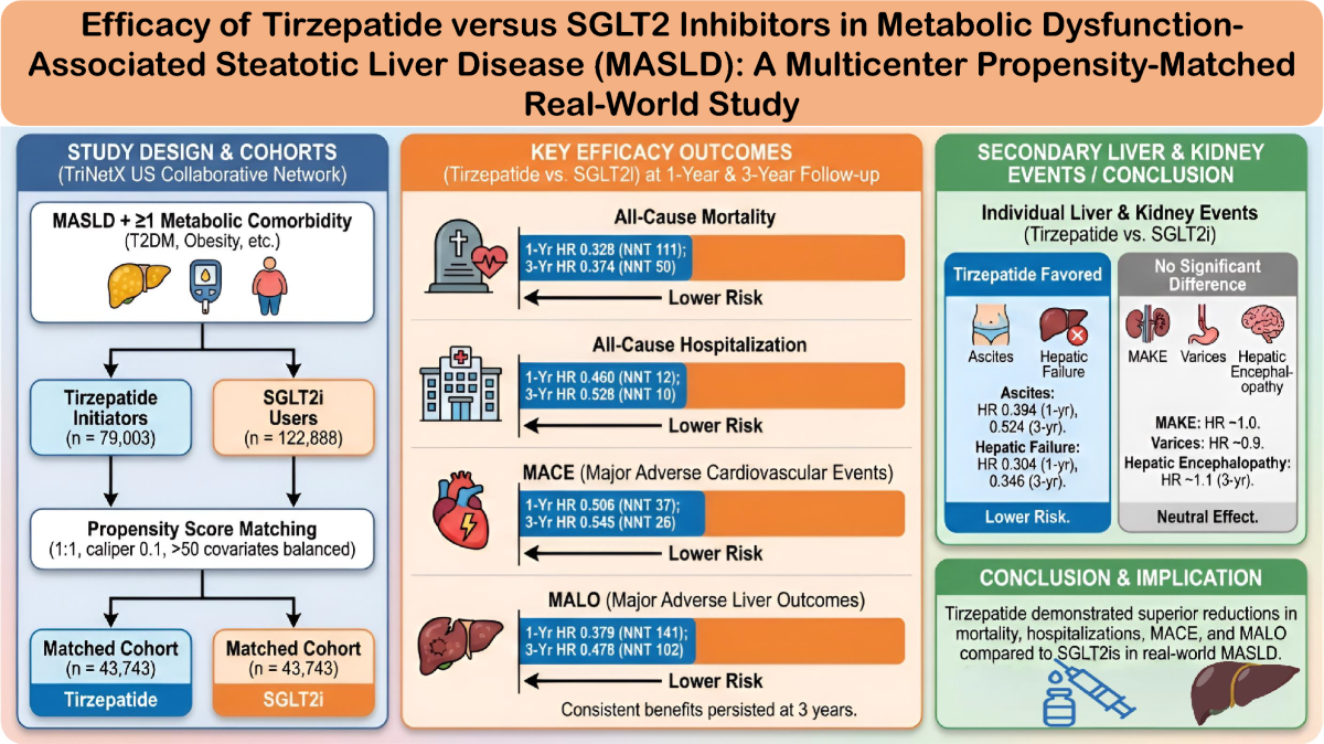 Efficacy of tirzepatide versus SGLT2 inhibitors in metabolic dysfunction-associated steatotic liver disease (MASLD): a multicenter propensity-matched real-world study | Hepatology International