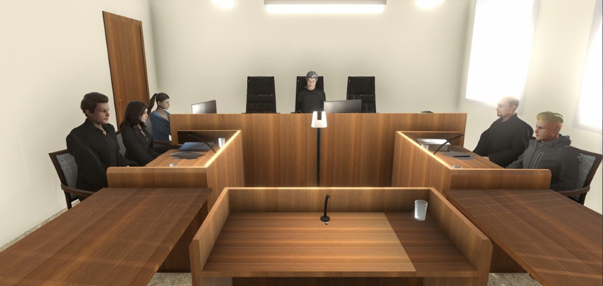 courtroom presentation showing lawyer using interactive constitutional visualization with attentive judge and jury