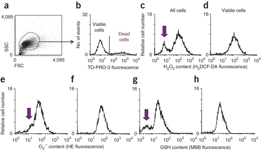Simultaneous analysis of reactive oxygen species and reduced glutathione  content in living cells by polychromatic flow cytometry