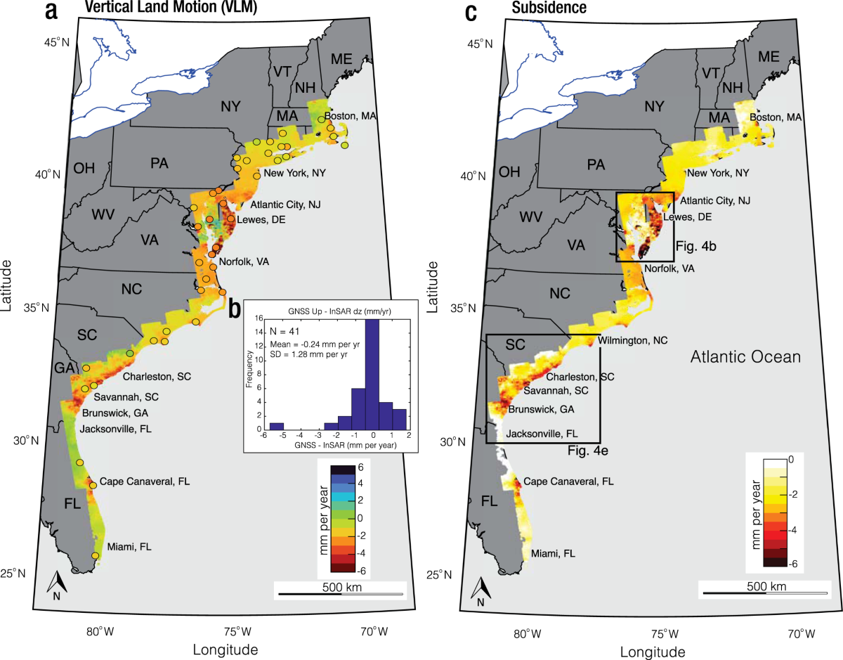 Hidden vulnerability of US Atlantic coast to sea-level rise due to vertical  land motion | Nature Communications, image size:1200x939