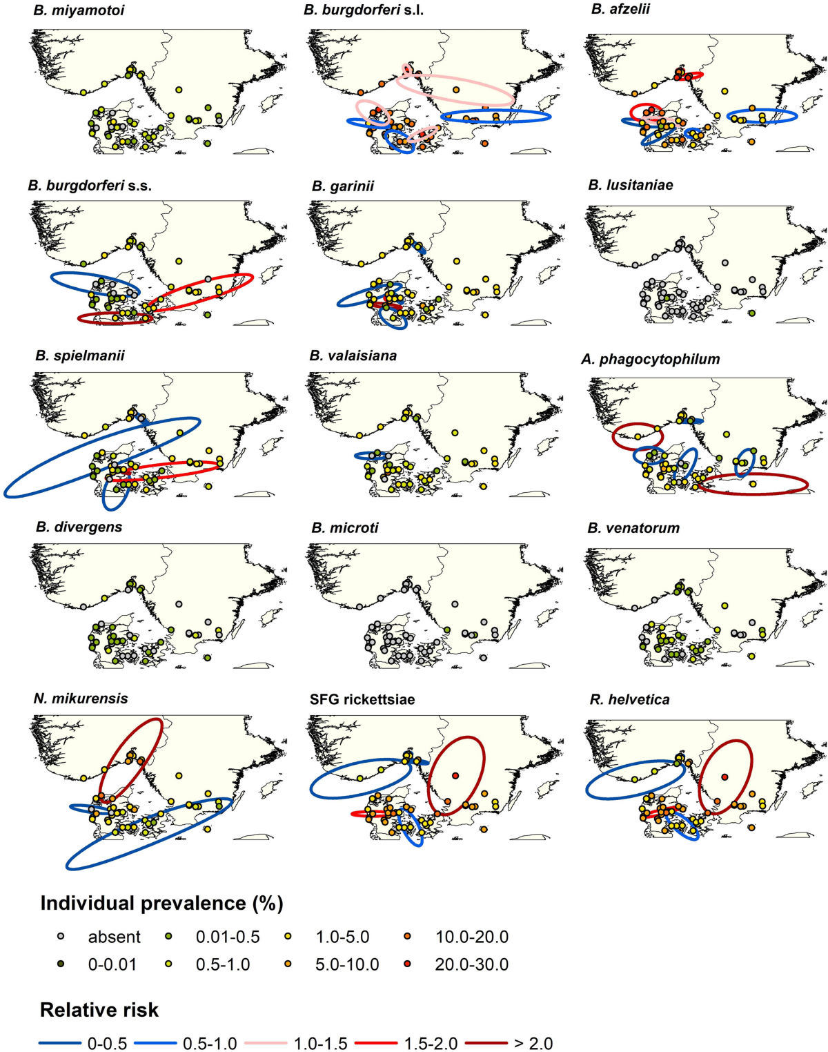 Spatial patterns of pathogen prevalence in questing Ixodes ricinus nymphs  in southern Scandinavia, 2016 | Scientific Reports