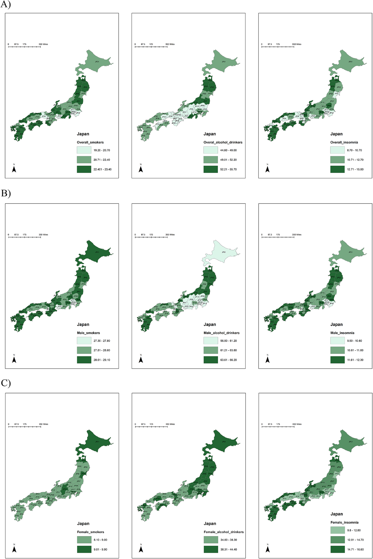 Spatial analysis of the percentages of smokers, alcohol drinkers, social  welfare expenditure and insomniacs in Japan
