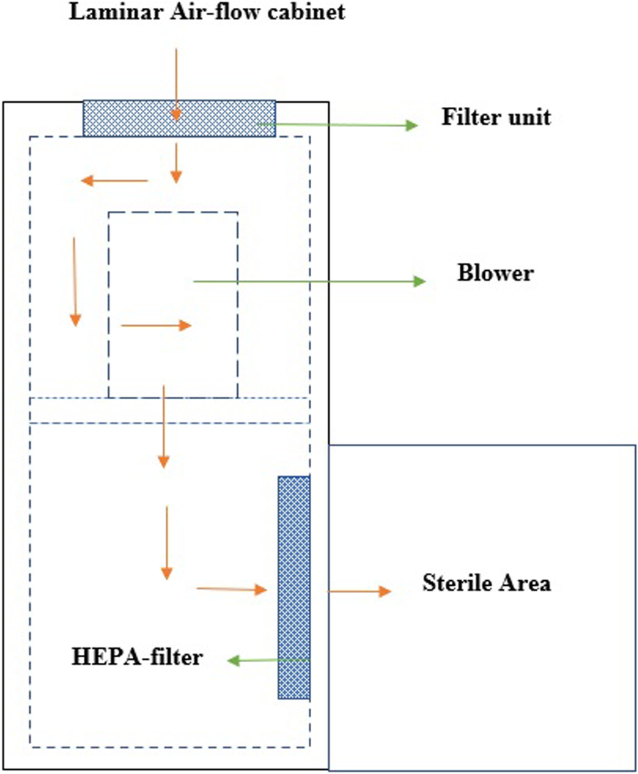 Laminar Airflow Cabinet - showing Filter Unit, Blower, HEPA-filter, and Sterile Area