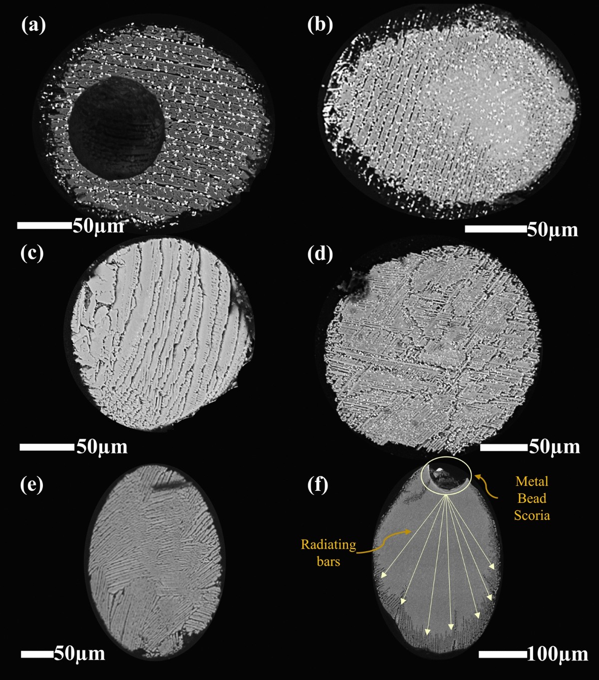 Electron-microscope images showing tabular, platy, and radial barred cosmic spherule textures