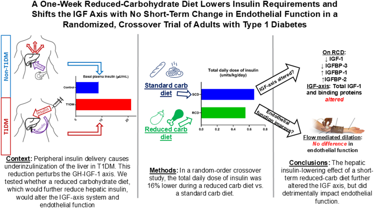 A one-week reduced-carbohydrate diet lowers insulin requirements and shifts  the IGF axis with no detectable short-term change in endothelial function  in a randomized, crossover trial of adults with type 1 diabetes |