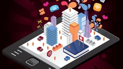 Eine Stadt auf dem Touchscreen von einem Tablet. 