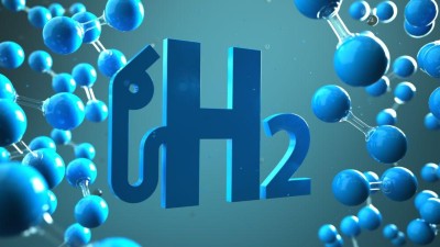 H2-Tankstellensymbol mit Wasserstoffmolekül in der Flüssigkeit