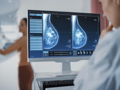 Ärztin betrachtet Mammografie-Befund