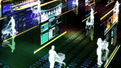 Kunden mit Einkaufswagen fahren durch einen virtuellen Store.