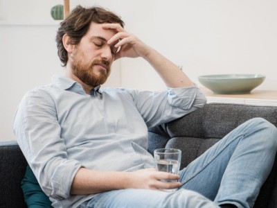 Erschöpfter Mann hält ein Glas Wasser