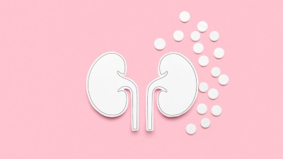 Paper kidneys with pills on pink background