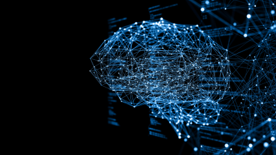 Illustration of a digital background depicting artificial intelligence, neural interfaces, and machine learning technologies