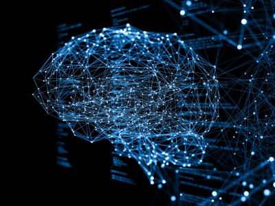 Illustration of a digital background depicting artificial intelligence, neural interfaces, and machine learning technologies