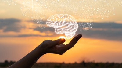 Hand holding illustration of brain on scenic background