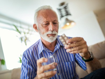 Älterer Mann schaut kritisch auf Tabletten