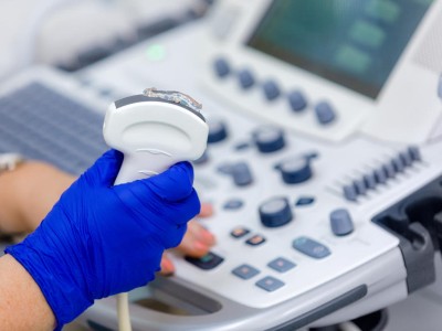 Hand hält Ultraschall-Sonde