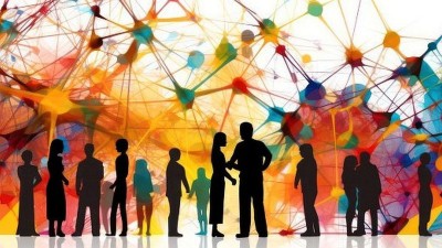 Frauen und Männer vor einem bunten Netzhintergrund