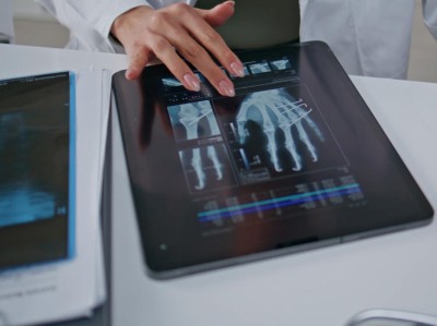 Ärztin analysiert Röntgenbild einer Hand auf dem Tablet