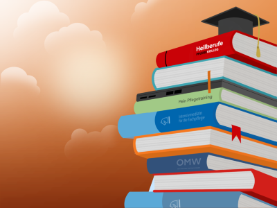 Bücherstapel mit Leiter