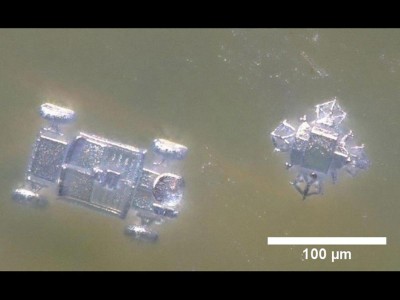 Ein transparenter Minitatur-Rover und Landefäre gedruckt aus Keramik mit Details von wenigen Mikrometern.