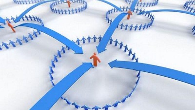 Orange 3D figure surrounded by many blue 3D figures, the circles are connected by blue arrows.
