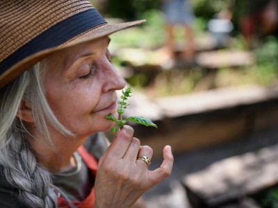 Eine ältere Frau riecht an einem Basilikumblatt