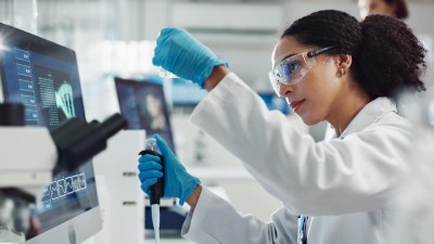 Glass vial, pipette and woman scientist in laboratory for medical study, research or experiment. 