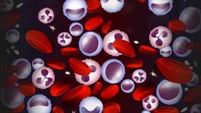 Leukemia background in bright colors, including white and red blood cells in realistic style