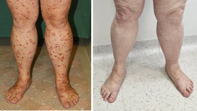 Photos of CML patient with psoriasis, before and after nilotinib treatment 