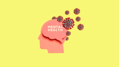 Schema eines Kopfes mit Mental Health Aufschrift und Viren drumrum
