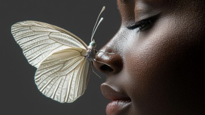 Woman with white butterfly perched on her face, lupus concept