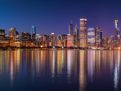 Blick auf die Skyline von Chicago vom Lake Michigan