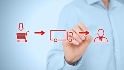 Hand zeichnet Warenkorb, LKW und Kunde