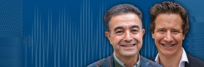 DGI-Podcast. Blauer Hintergrund in mehreren Schattierungen. im Vordergrund Textzug: Prof. Dr. Dr. Fouad Khoury. Von der Idee zur Innovation: Khoury & die Schalentechnik