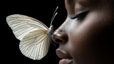 Schmetterling auf Nase einer Frau