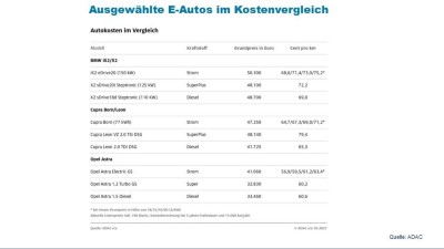 Ausgewählte E-Autos im Kostenvergleich