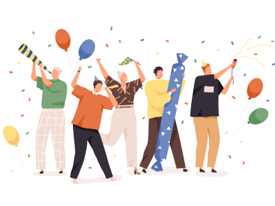 Grafik Glückliche Menschen feiern Geburtstag mit Konfetti