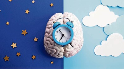 Gehirn, Uhr, Sterne, Wolken