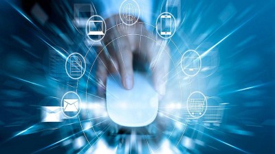 A hand moves a mouse over virtual icons.