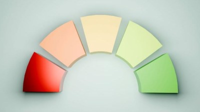 Image is a 3D rendered image with 5 colored sections arranged in a semicircle to depict the concept of increasing or decreasing risk