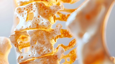 Image is a 3D bone density and fracture risk concept image depicting several vertebrae