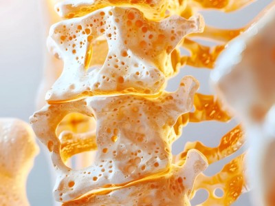 Image is a 3D bone density and fracture risk concept image depicting several vertebrae