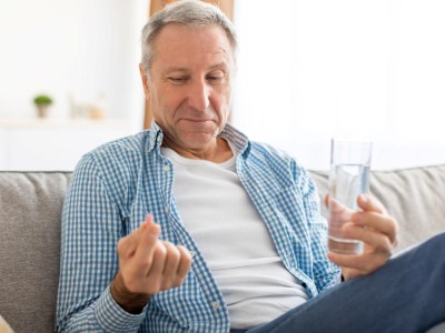 This image is a photo of an older man taking a pink pill