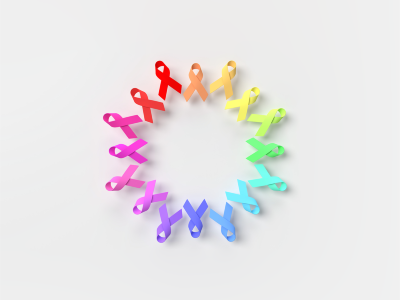 Multicolored cancer awareness ribbons in a circle