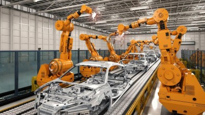 Fertigungslinie für Autos mit zahlreich Roboterarmen