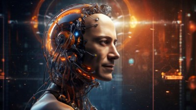 A robot face against a dark background