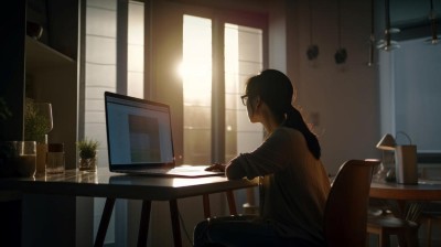 Frau vor Laptop in dunklem Zimmer