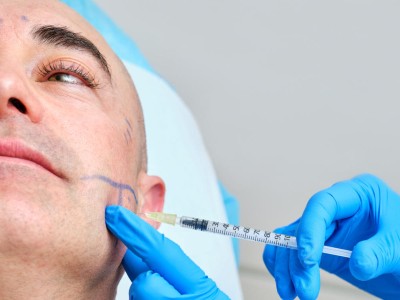 Mann erhält eine Spritze im Gesicht